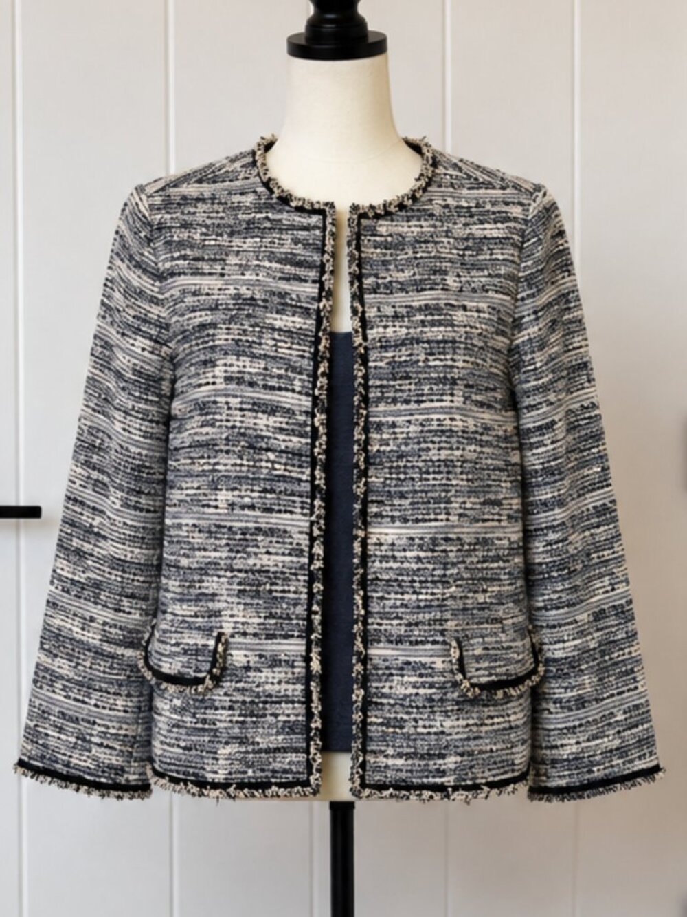 Max Studio Black White Tweed Fringe Trim Jacket NWT